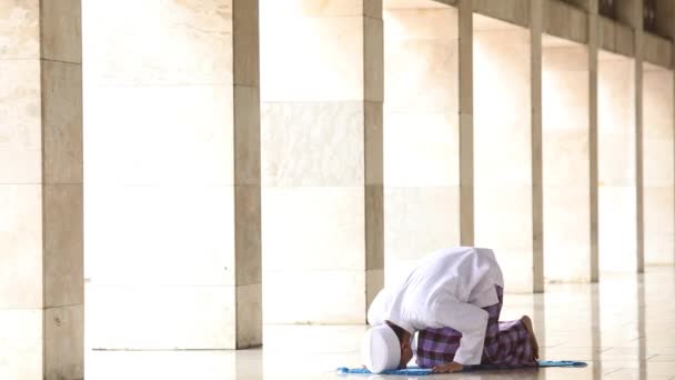Religioso muçulmano homem rezando na mesquita — Vídeo de Stock