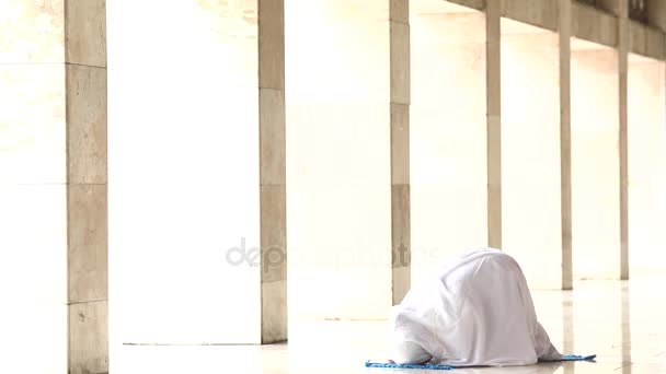 이슬람을 믿는 젊은 여자 모스크에서 기도하는 모습 — 비디오
