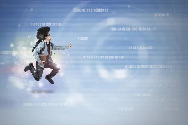 University student running inside binary code — Stock Photo, Image