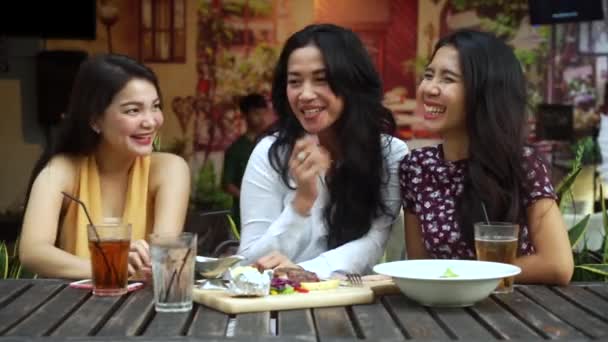 Χαρούμενα γυναίκες κουβεντιάζοντας μαζί στο καφενείο — Αρχείο Βίντεο