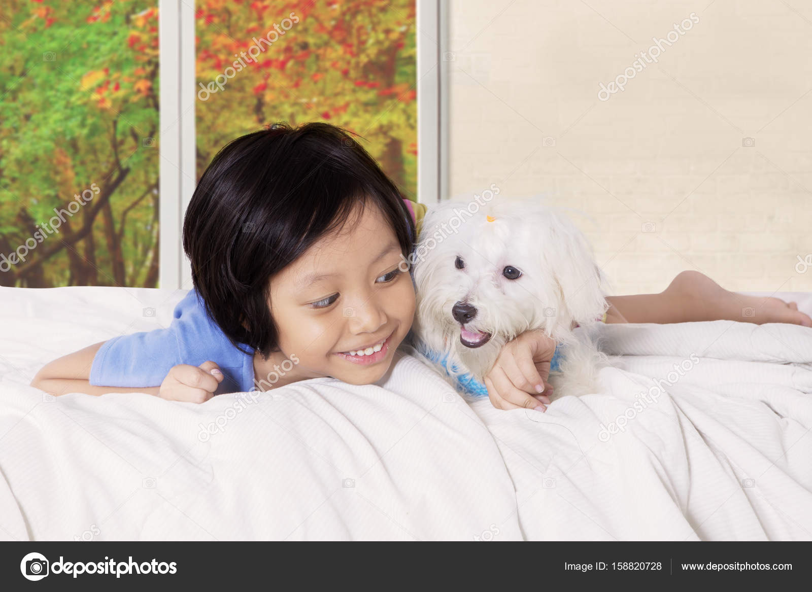 Kleines Mädchen umarmt Hund im Schlafzimmer — Stockfoto ... Kleines Mädchen umarmt Hund im Schlafzimmer — Stockfoto ...