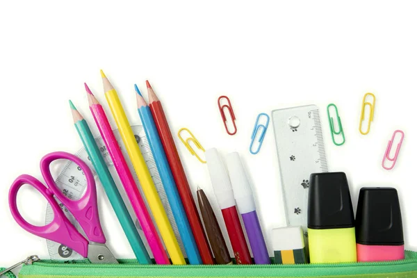 Papelería escolar y de oficina en estuche de lápices — Foto de Stock