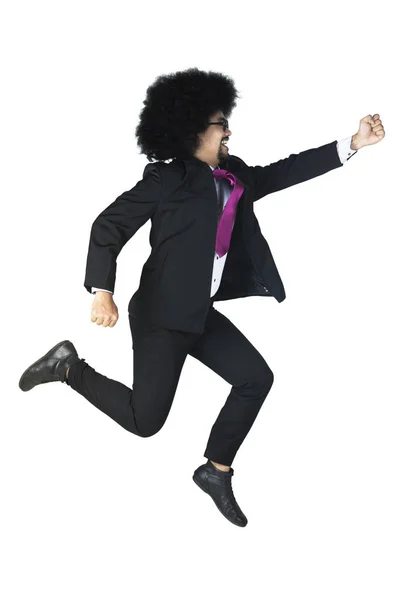 Щасливий бізнесмен стрибає і бігає — стокове фото