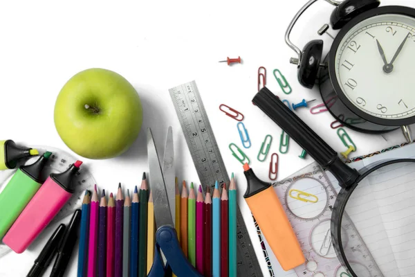 Fresh apple with stationery supplies — Stock Photo, Image