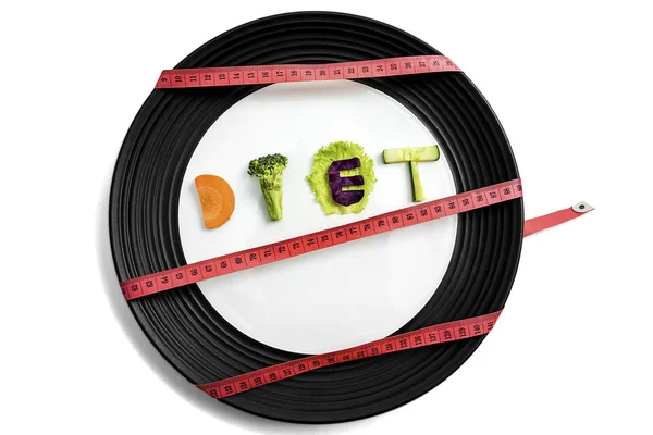 Testo della dieta con nastro di misurazione e piastra — Foto Stock
