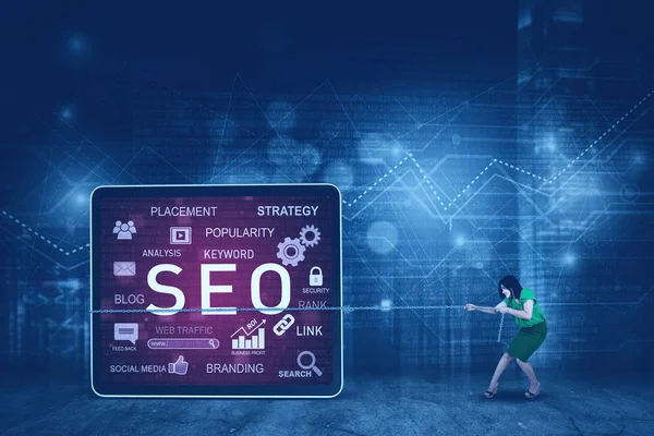 Junge Geschäftsfrau zieht SEO-Design — Stockfoto