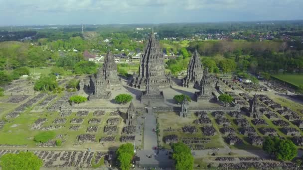 Beautiful aerial footage of ruins Prambanan temple — Stock Video