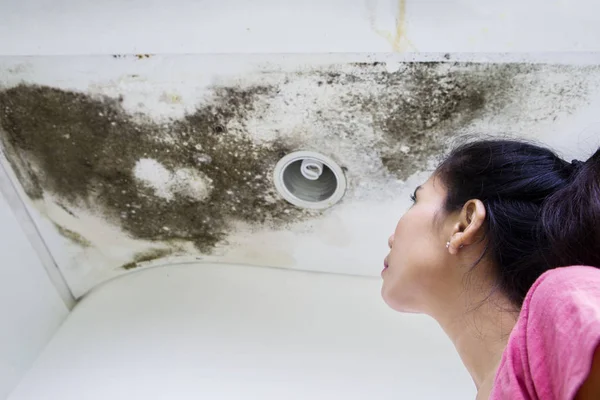 Mujer mirando el daño del techo — Foto de Stock