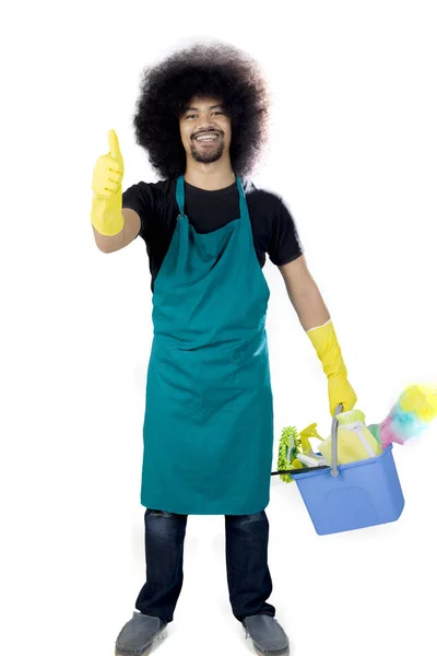 Maid male showing thumb up on studio — Stock Photo, Image