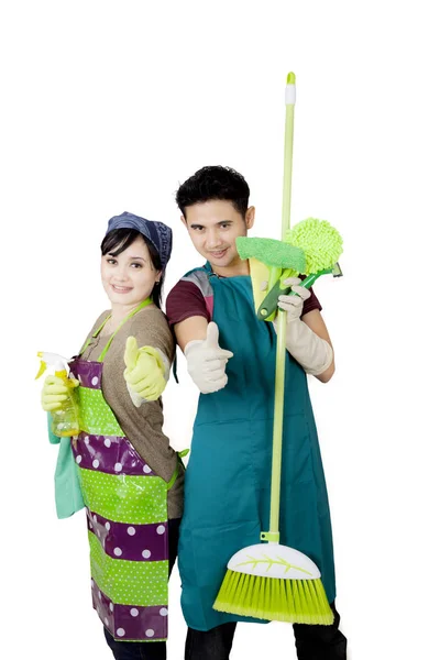 Maid couple showing thumbs up on studio — Stock Photo, Image