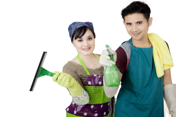 Asian couple cleaning a mirror on studio — Stock Photo, Image