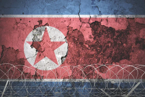 有刺鉄線で北朝鮮の旗 — ストック写真