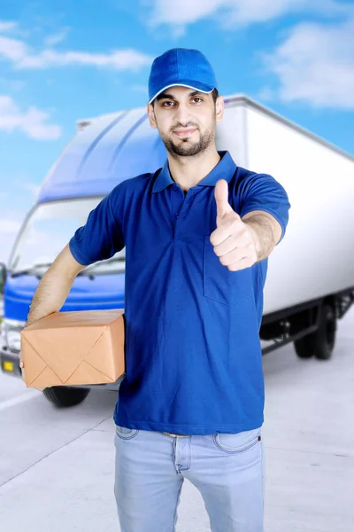 Italian courier show thumb up near his truck — Stock Photo, Image
