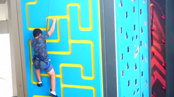 Kleiner Junge klettert drinnen eine Wand hoch — Stockvideo