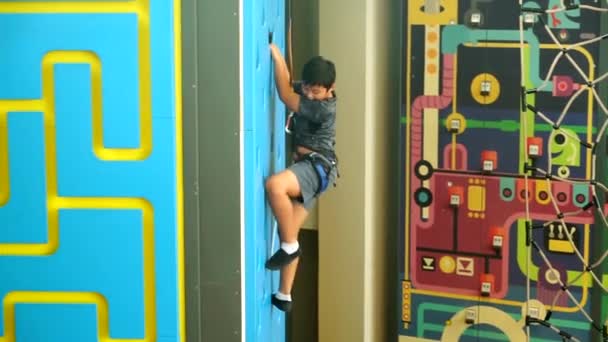 Dreng klatring en væg indendørs – Stock-video