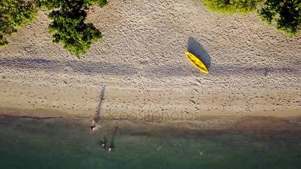 ビーチでカヌーと人々 の航空写真 — ストック動画