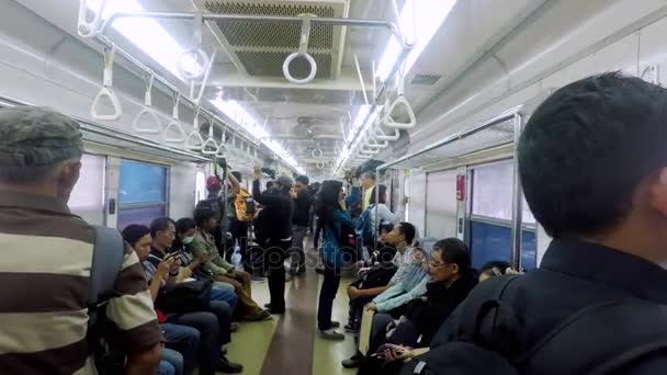 Passeggeri in piedi e seduti all'interno del treno pendolare — Video Stock