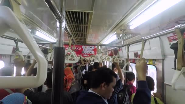Kalabalık yolcular banliyö tren içinde ayakta — Stok video