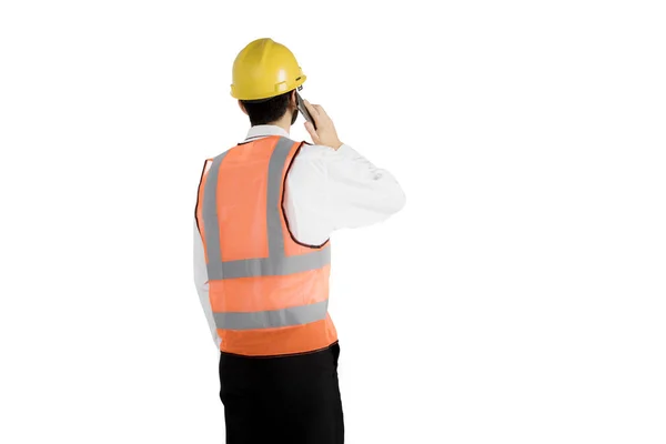 Genç foreman bir cep telefonu konuşuyor — Stok fotoğraf