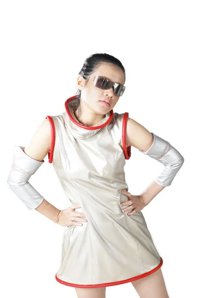 Futuristic woman with silver latex costume — Stock Photo, Image