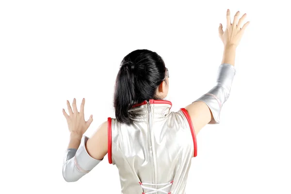 Futuristiska kvinna röra virtuella skärmen — Stockfoto