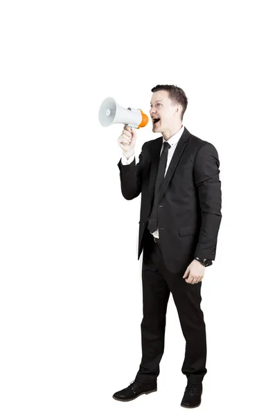 Homem de negócios caucasiano gritando com megafone — Fotografia de Stock