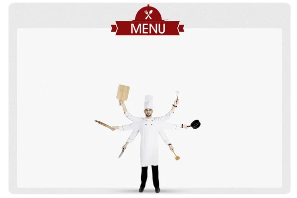 Chef italiano com utensílios de cozinha e menu board — Fotografia de Stock