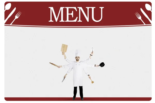 Arabo chef con molte mani e menu board — Foto Stock