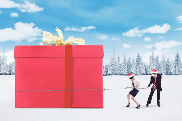 Equipe de negócios puxar uma grande caixa de presentes — Fotografia de Stock