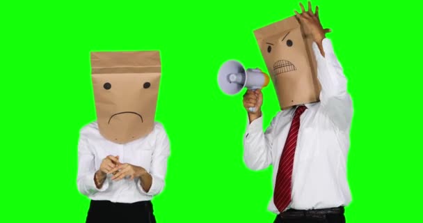 Enojado hombre de negocios anónimo regañando con megáfono — Vídeos de Stock