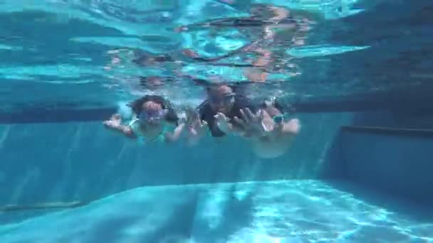 Father and children diving together in pool — Stock Video