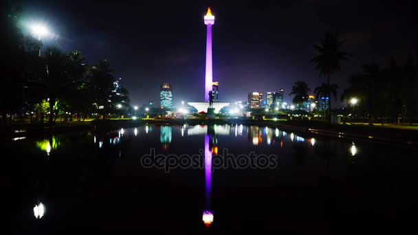 Timelapse of Monas or National Monument at night — Stock Video