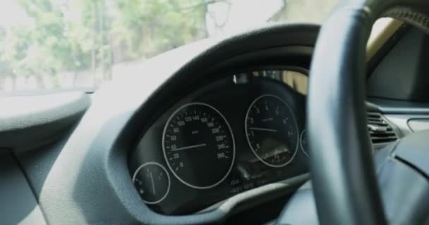 Speedometer and steering wheel in car — Stock Video