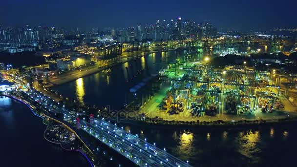 Singapore November 2017 Schöne Luftaufnahme Des Containerhafens Singapore Der Nacht — Stockvideo
