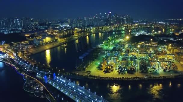 Singapore November 2017 Wunderschöne Luftlandschaft Des Containerhafens Singapore Bei Nacht — Stockvideo
