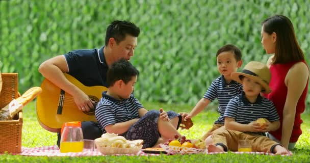 glückliche Familie genießen Urlaub beim Picknicken und Gitarrespielen im Park. Aufnahme in 4k Auflösung