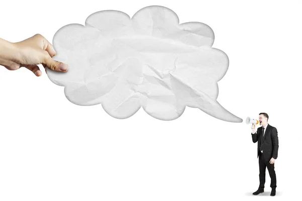Uomo d'affari europeo con nuvola vuota in studio — Foto Stock