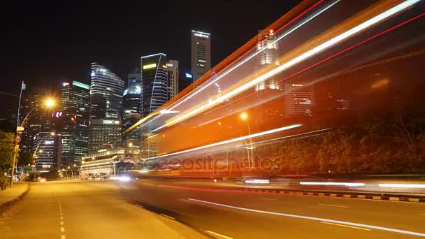 新加坡 2017年11月27日 时差在新加坡中央商业区的莱佛士广场的办公大楼全景 在晚上拍摄4K — 图库视频影像