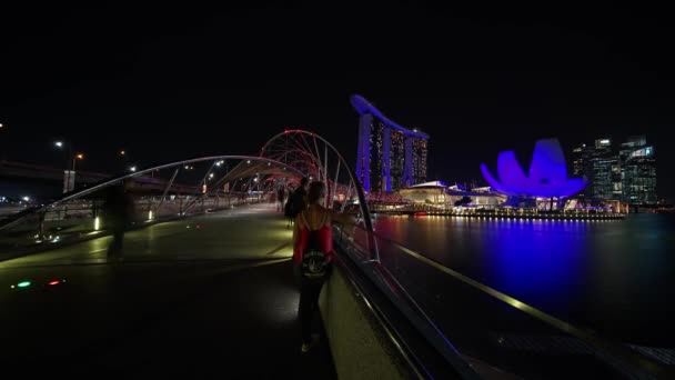 シンガポール 2017 Artscience 博物館とマリーナ サンズ ホテル夜景とマリーナ サンズ シンガポールのらせん橋タイムラプス映像 の解像度で撮影します — ストック動画