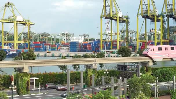 Singapur Noviembre 2017 Vídeo Sentosa Express Monorail Con Puerto Contenedores — Vídeos de Stock