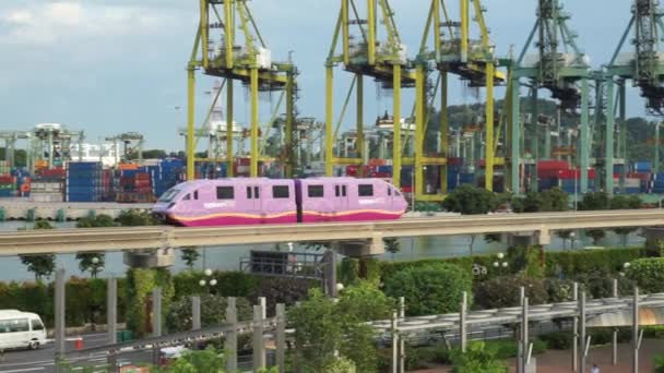 Singapur Noviembre 2017 Vídeo Sentosa Express Monorail Con Puerto Contenedores — Vídeo de stock
