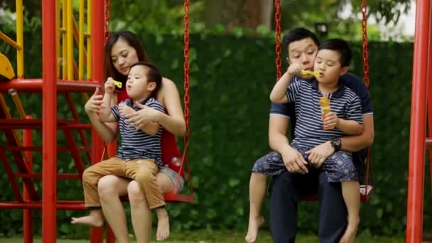 Mutlu Aile Parkta Salıncakta Otururken Sabun Köpüğü Üfleme Ağır Çekim — Stok video