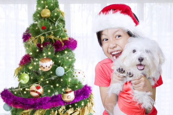 Menina com seu cão perto da árvore de Natal — Fotografia de Stock