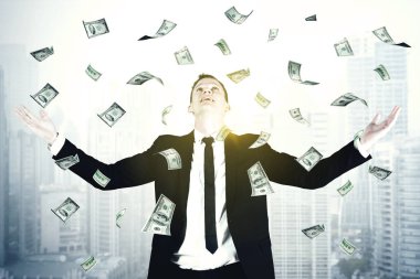 Avrupa işadamı dolar yağmur altında duran
