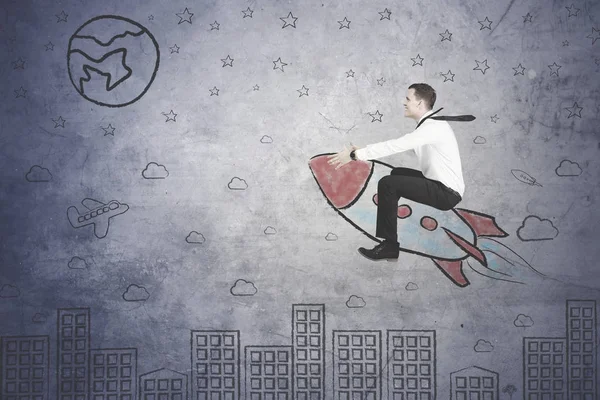 Succesvolle zakenman vliegen met een raket — Stockfoto