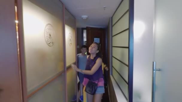 Singapore December 11 2017 Happy Family Arriving In The Luxury Hotel Room And Enjoy The Landscape Of Marina Bay Sands Hotel From The Balcony At Marina Mandarin Hotel Singapore