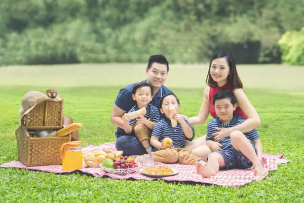 Vrolijke familie samen picknicken in het park — Stockfoto