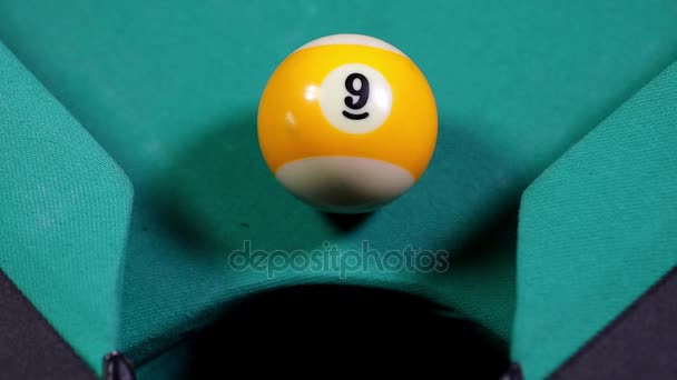 Macro Shot Yellow Billiard Ball Number Nine Get Billiard Pocket — Stock Video