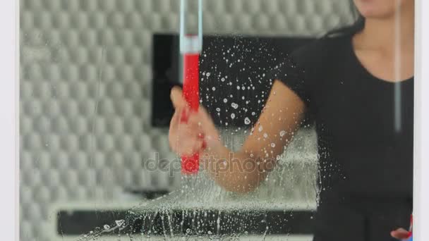Молода Жінка Очищає Вікно Ганчіркою Засобом Миття Посуду Вдома Знімається — стокове відео