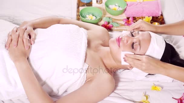 Close Beautiful Young Woman Enjoying Facial Treatment Beauty Spa While — Stock Video